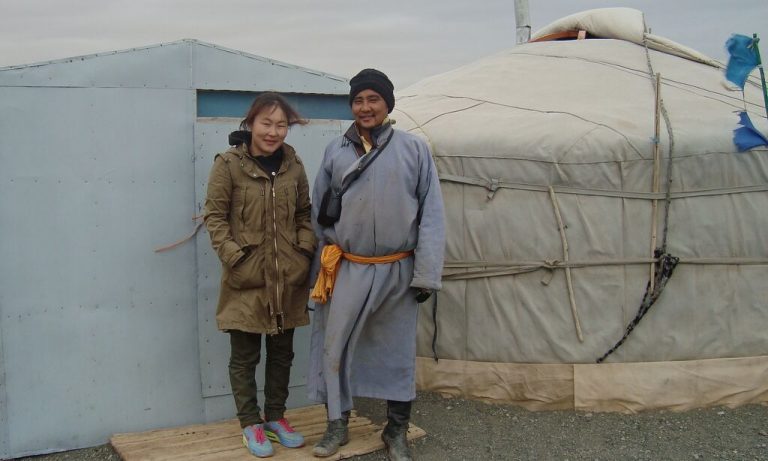 A young herding family - southern Gobi Desert Mongolia