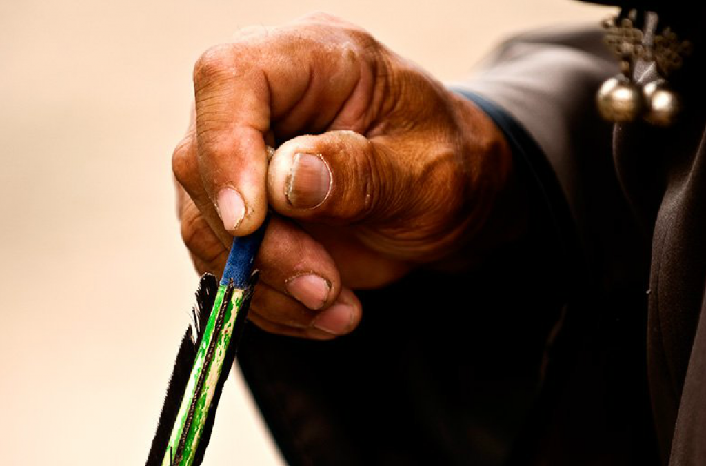 A close up of the arrow of a Mongolian archer during the Naadam Festival - also known as the Festival of Three Manly Sports