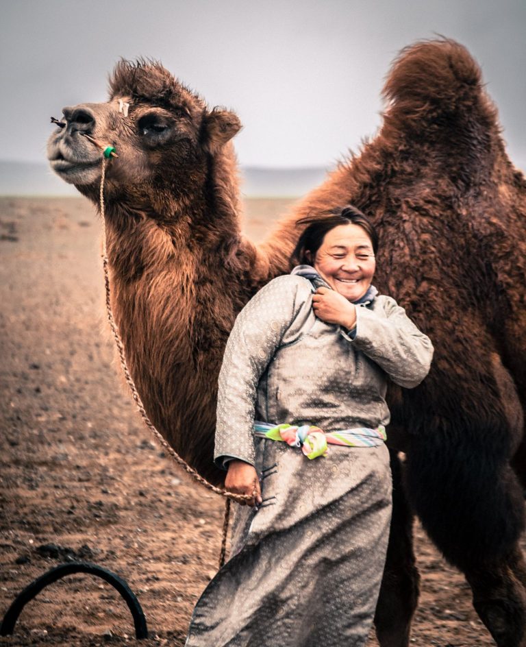 A female camel herder in Mongolia's Gobi Desert