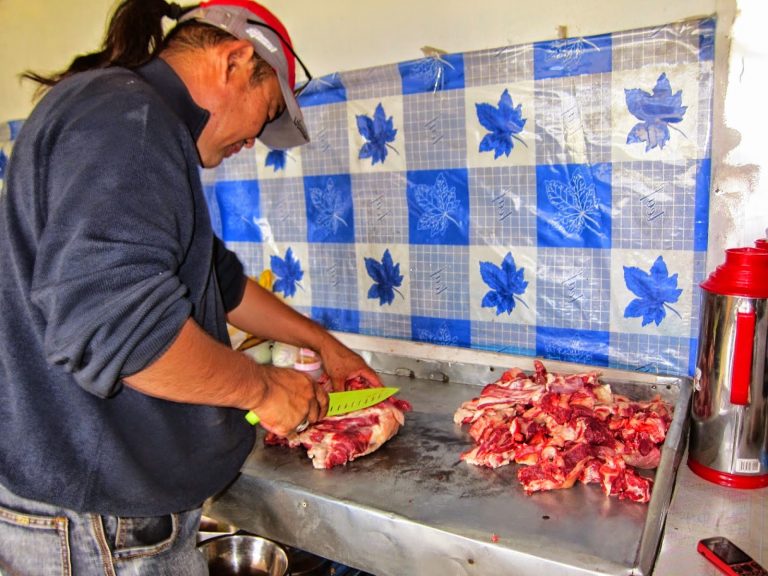 Preparing the meat for Mongolian barbecue