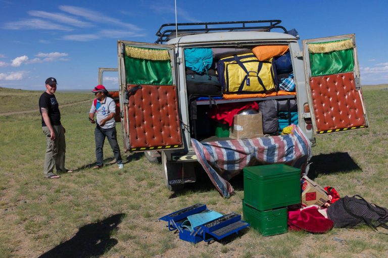 Mongolia's 4x4 Furgon van with luggage