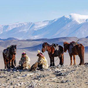 Kazakh eagle hunter on Mongolia horse trekking tour