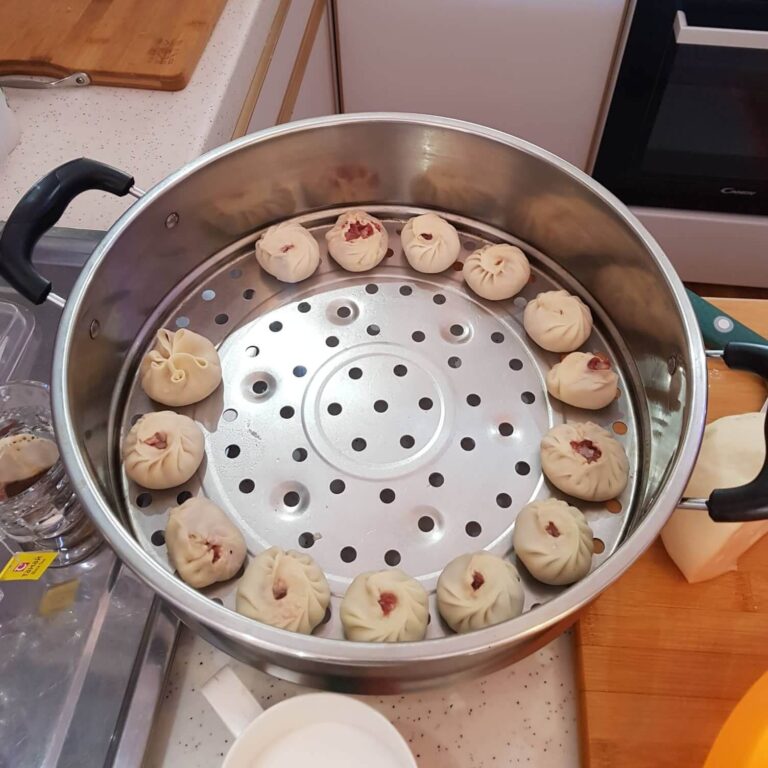 Steaming  dumplings at our Mongolian cookery class in Ulaanbaatar